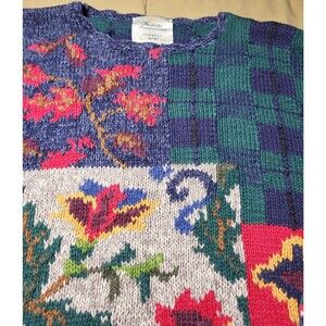 VTG Express Womens Sweater Medium 90s Handknit Floral Fall Leaves Grannycore